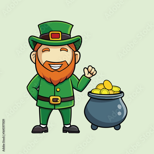 Cartoon Leprechaun with Pot of Gold Celebrating St. Patrick's Day