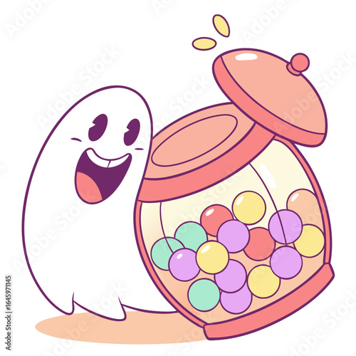 A cartoon ghost smiling next to a candy jar filled with colorful sweets in a playful illustration