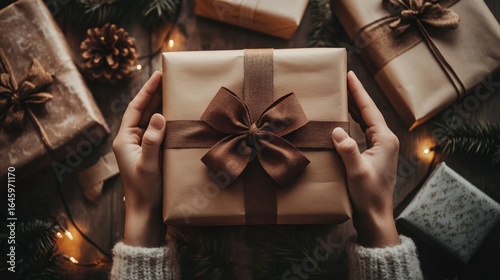 Wrapped gifts, hands, Christmas
