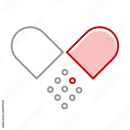 Minimalist icon of an open pill capsule in a heart shape, symbolizing cardiac health, medication, and treatment for heart disease.
