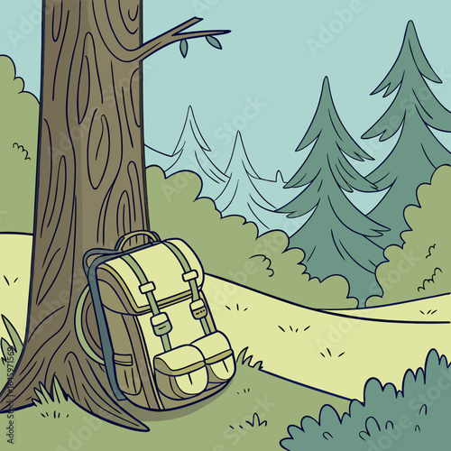 Backpack leaning against a tree in a forest setting with evergreen trees and bushes in the background scenery