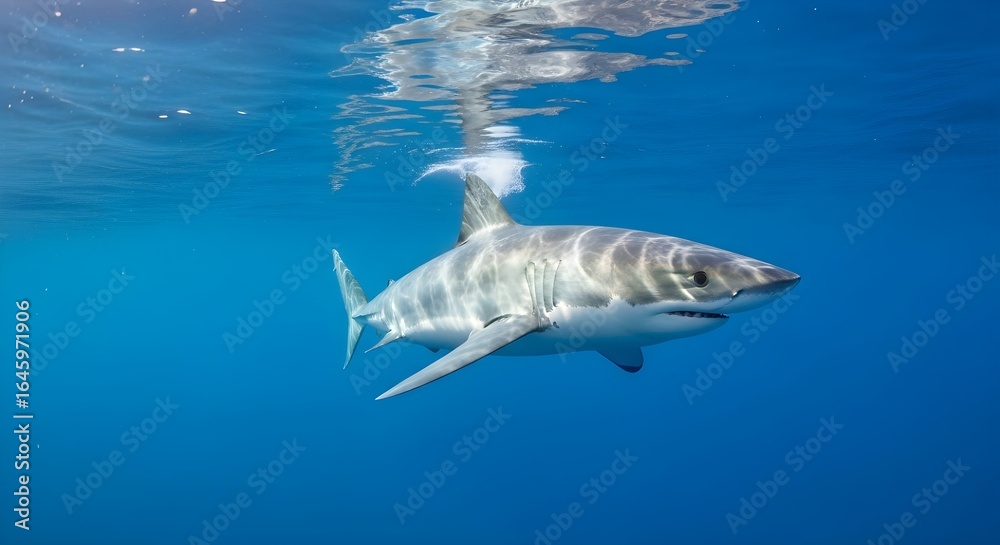 Obraz premium A great white shark swimming in clear blue ocean water near the surface of the water column view on transparent background