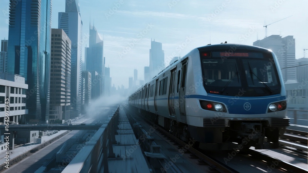 Naklejka premium A modern metro train travels through a bustling city skyline with tall buildings and urban architecture.