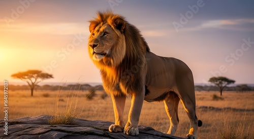 Lion standing proudly on a rock at sunset in the african savanna watching over his territory majestically on transparent background