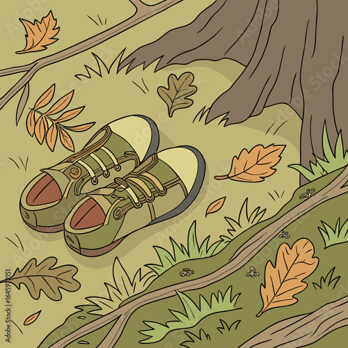 A pair of olive green sneakers resting on the ground near a tree with fallen autumn leaves around them