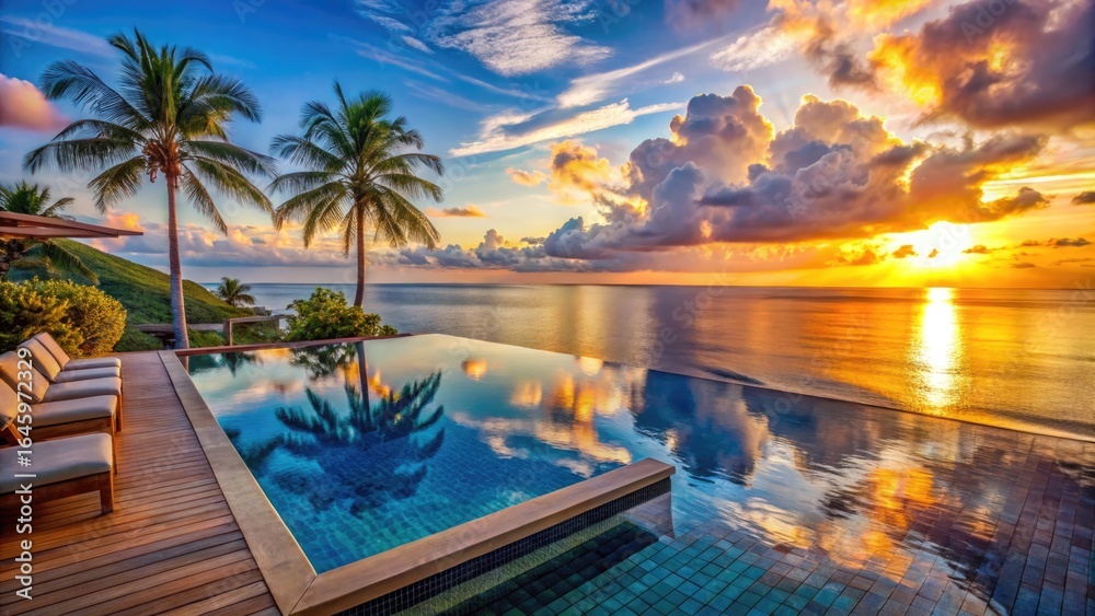Obraz premium luxury infinity pool overlooking the ocean at sunset.