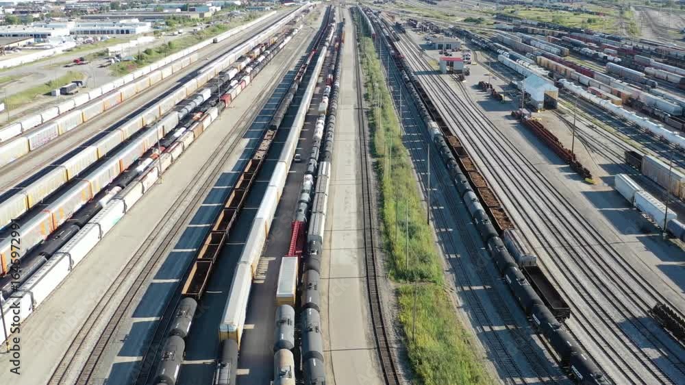Aerial view of a vast railroad yard filled with trains and tracks Aerial view of a vast railroad yard filled with trains and tracks