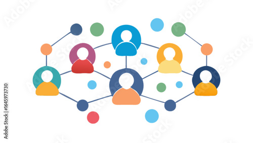 Colorful network of people connected by lines and dots representing social connections and communication