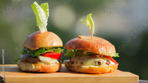 inviting, appetizing fresh made burgers isolated on blur summer green outdoor background 