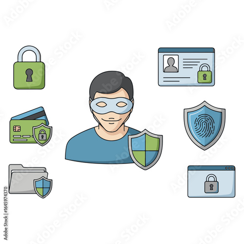 Illustration depicting online security measures to protect personal data and prevent identity theft and cybercrime