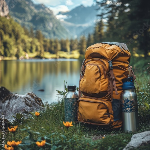 Eco-tourist packing responsibly: reusable water bottles, eco-friendly bags, and hiking gear