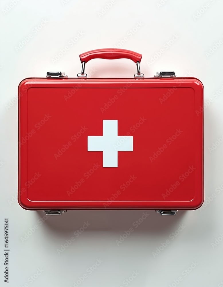 Obraz premium Red first aid kit with prominent white cross symbol for quick identification. Essential medical supplies for emergencies at home, outdoors, travel. Crucial for preparedness, injury treatment, safety.