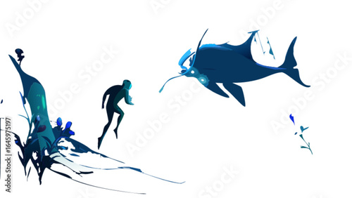 Stylized illustration of a person running from a large fish with abstract vegetation nearby