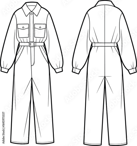 Women’s long sleeve belted jumpsuit, fashion flat sketch, utility style overall design, front pockets, technical drawing for clothing template