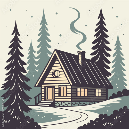 Illustration of a cozy cabin nestled among pine trees with smoke rising from the chimney on a winter night