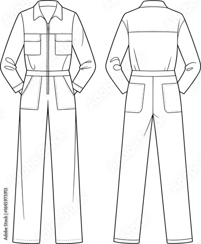 Women’s long sleeve zip-up jumpsuit, fashion flat sketch, utility overall design, front and back pockets, technical clothing illustration