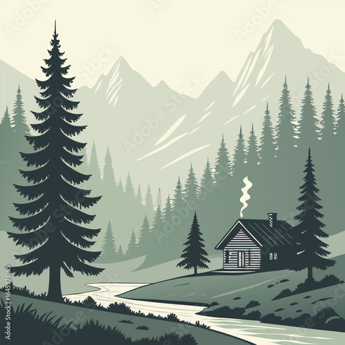 Illustration of a cabin in the woods with a river and mountains in the background on a misty day scene