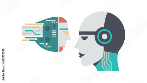 Illustration of two stylized robot heads facing each other on a white background view from the side