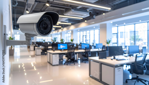 Modern office surveillance system with security camera overlooking empty workstations and bright natural light