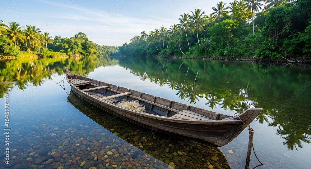 Obraz premium Wooden Boat on Calm River with Palm Trees, Reflection, and Clear Water, Tranquil Nature Scene.