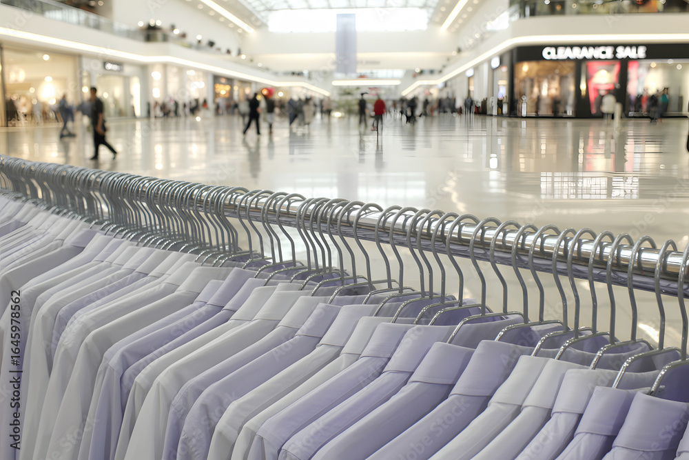 Fototapeta premium Shirts displayed for sale in a modern shopping mall during a clearance event with shoppers browsing in the background