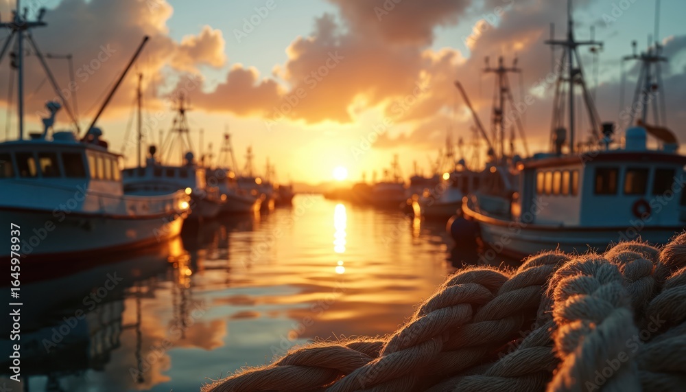 Fototapeta premium Fishing boats rest in harbor during golden hour sunset. Warm sunlight reflects on calm water illuminating vessels, mooring ropes. Peaceful waterfront scene evokes maritime tranquility, coastal