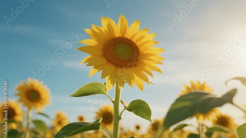 A vibrant sunflower field under a clear blue sky with bright sunlight, showcasing nature's beauty and growth.
