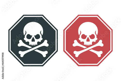 Skull and crossbones warning icon set. Vector illustration of a poison hazard and toxic danger symbol in a red and black octagon sign 