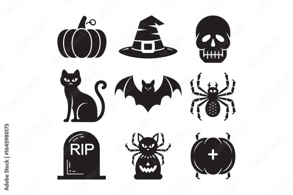 Obraz premium Set of black Halloween silhouette icons. Vector graphic collection of spooky symbols like pumpkin, witch hat, skull, and bat for design.