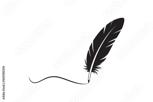 Black quill feather pen icon writing a line. Vintage author or poet signature symbol. Vector illustration isolated on white background.