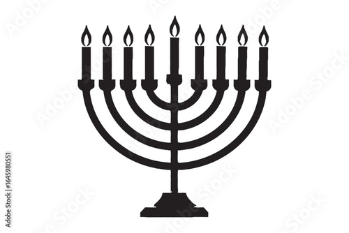Black and white vector illustration of a Hanukkah menorah with nine candles. Simple silhouette icon for the Jewish Festival of Lights.