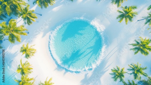 Aerial view of a serene tropical island lagoon with palm trees and white sand