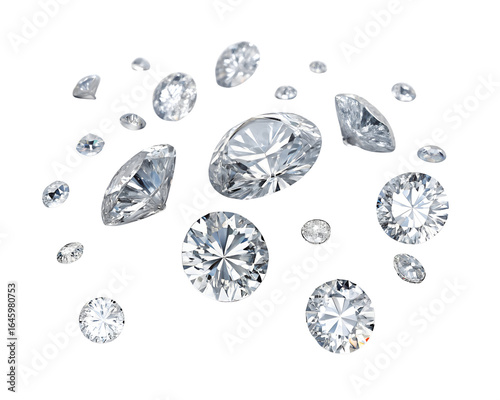 clear faceted gemstones scattered white background  