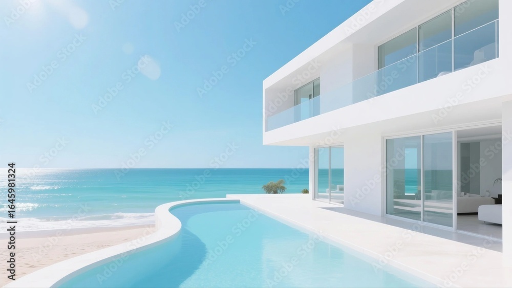 Fototapeta premium A sleek white beachfront villa features an infinity pool, expansive windows, and stunning ocean views, blending luxury and modern design.