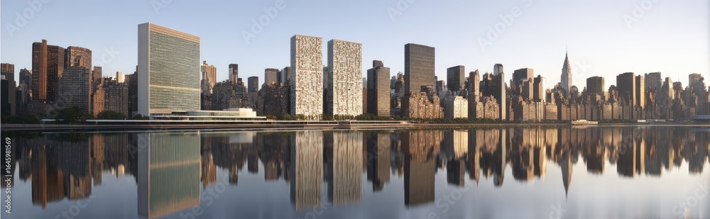 Obraz premium New York City Skyline reflected in water. Sunrise view