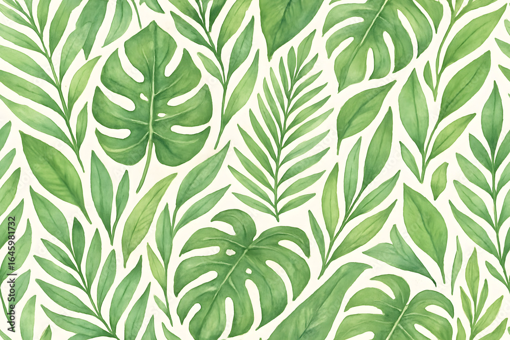 Fototapeta premium Verdant Symphony: A meticulously detailed, hand-painted illustration of lush tropical foliage, featuring an array of diverse leaf textures and shades of green, forming an exquisite seamless pattern.