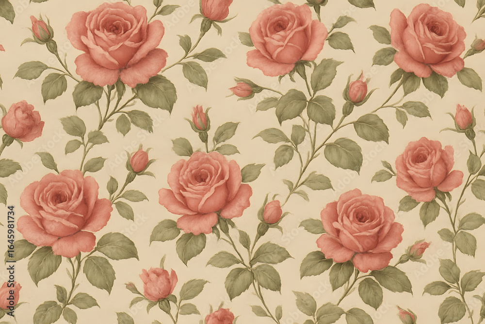 Fototapeta Vintage Rose Pattern: This image showcases a beautiful, repetitive pattern featuring blooming roses and lush green leaves, arranged elegantly.AI-Generative