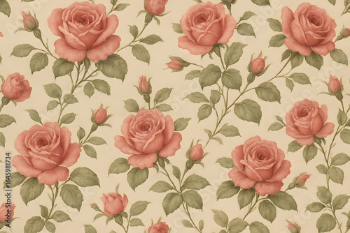 Vintage Rose Pattern: This image showcases a beautiful, repetitive pattern featuring blooming roses and lush green leaves, arranged elegantly.AI-Generative