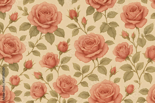 Vintage Rose Floral Pattern: A romantic pattern featuring detailed illustrations of blooming roses, rose buds, and foliage, artfully arranged across a cream-colored backdrop.