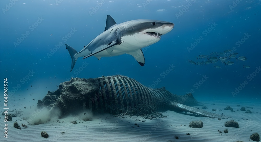 Fototapeta premium Shark in the Deep: An awe-inspiring image showcasing a formidable shark swimming gracefully above the skeleton of a whale on the ocean floor, it reveals a mesmerizing glimpse into marine life. 