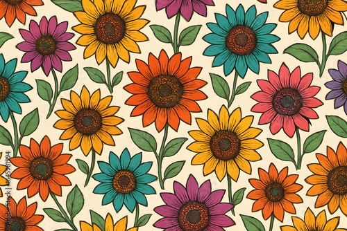 Colorful Sunflower Field Pattern: A vibrant array of sunflowers bursts with an array of vivid colors, presented in a seamless pattern.
