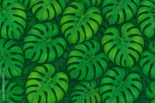 Vibrant Monstera Leaf Pattern: A lush, photorealistic arrangement of Monstera leaves, showcasing their iconic split leaves and rich green hues, creating a captivating display of tropical flora.