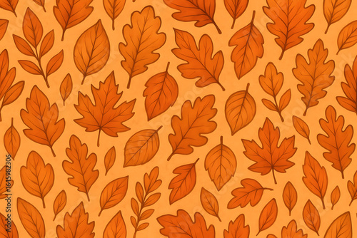 Autumn Leaf Pattern: A vibrant, seamless pattern of various orange leaves against a soft orange backdrop, capturing the essence of autumn. 