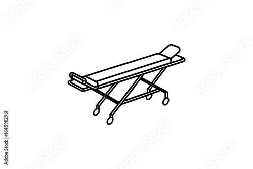 Simple black and white line drawing of a stretcher or gurney with wheels on a plain white background silhouette