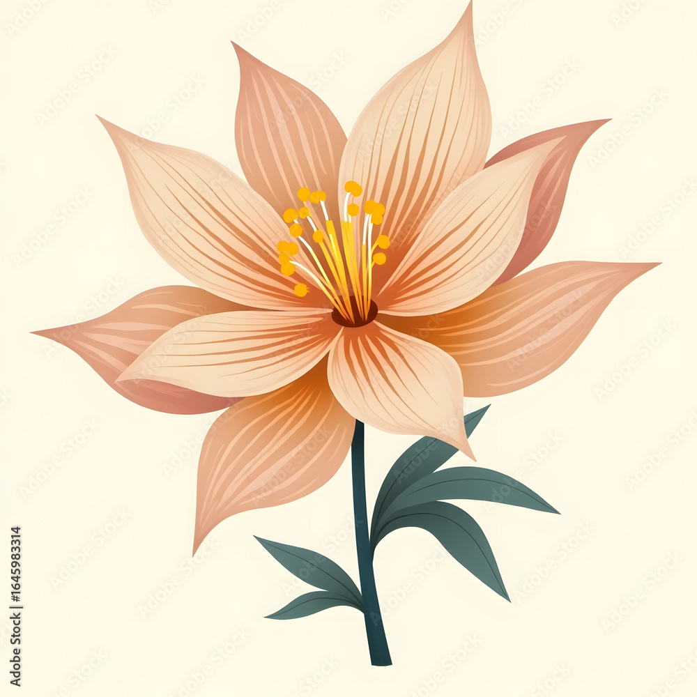 Obraz premium Beautiful Peach Colored Flower with Yellow Center and Leaves