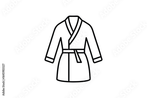 Simple line art illustration of a bathrobe or dressing gown on a white background with minimalist design silhouette