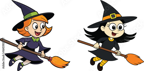 Two cheerful cartoon witches with pointy hats and brooms flying through the air
