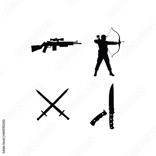 Silhouette of various weapons including a sniper rifle, bow and arrow, swords, and a knife isolated on white background