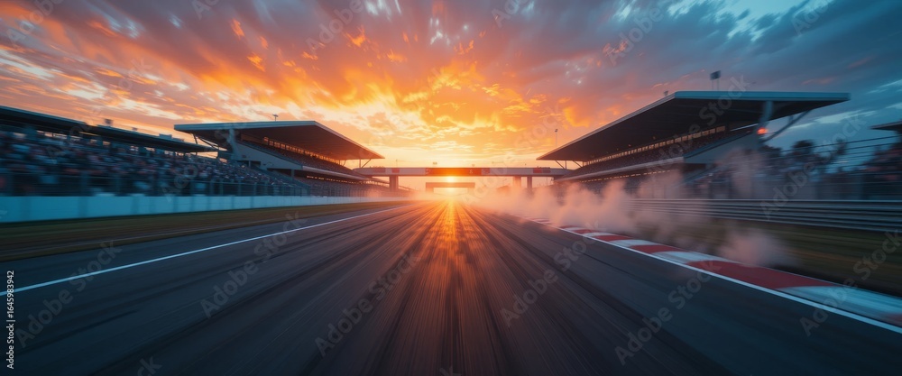 Naklejka premium Motion blur captures an F1 race track circuit road leading to a grandstand stadium by gold sunset and a smoke of the tires, majestic shot for electrifying Formula One competitions