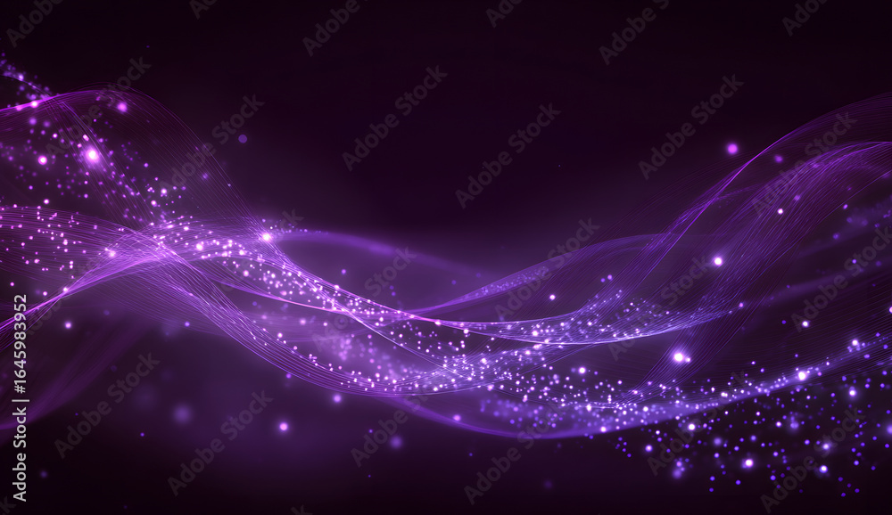 Fototapeta premium Digital purple particles wave and light abstract background with shining dots stars.